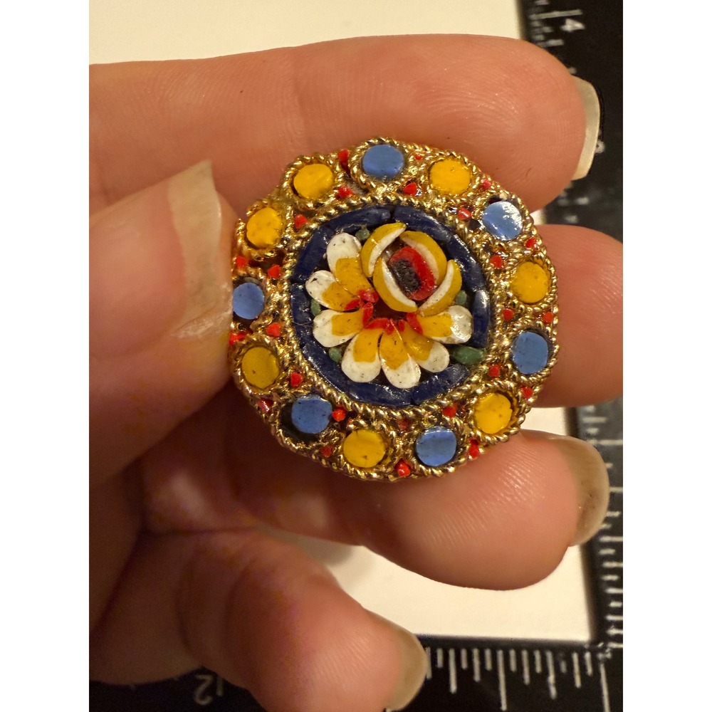 Vintage Italian Micro Mosaic Floral Brooch Gold Tone Round Multi Color Glass Pin